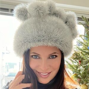 🎉On SALE New One Of. Kind Silver Hat With Pom Poms filled with Mac MakeUP